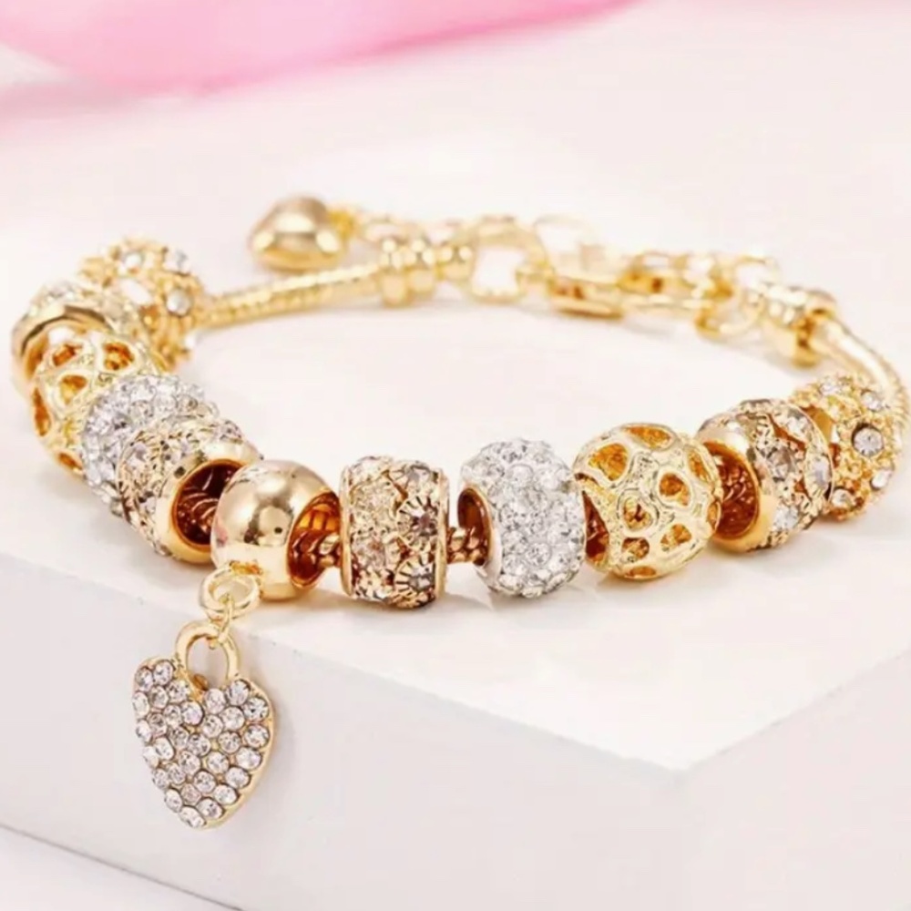 Charm Bracelet Heart - Crystal  & Gold Color Beads - Dangling Crystal Heart -NWT